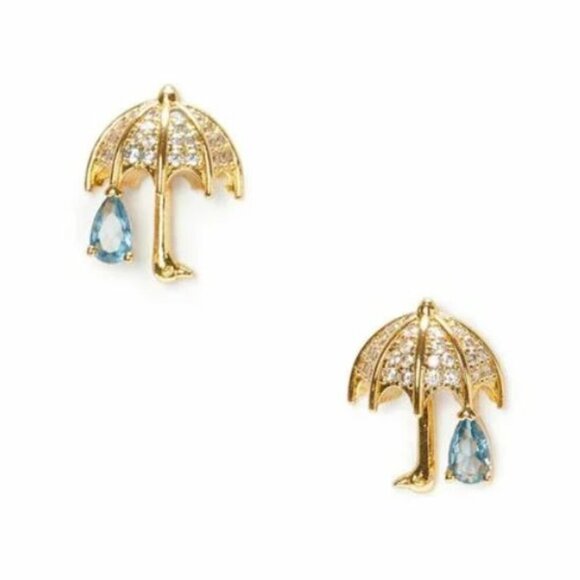 Kate Spade Rain Or Shine Pavé Gold & Clear Blue CZ Umbrella with dust bag NWOT - Picture 1 of 5